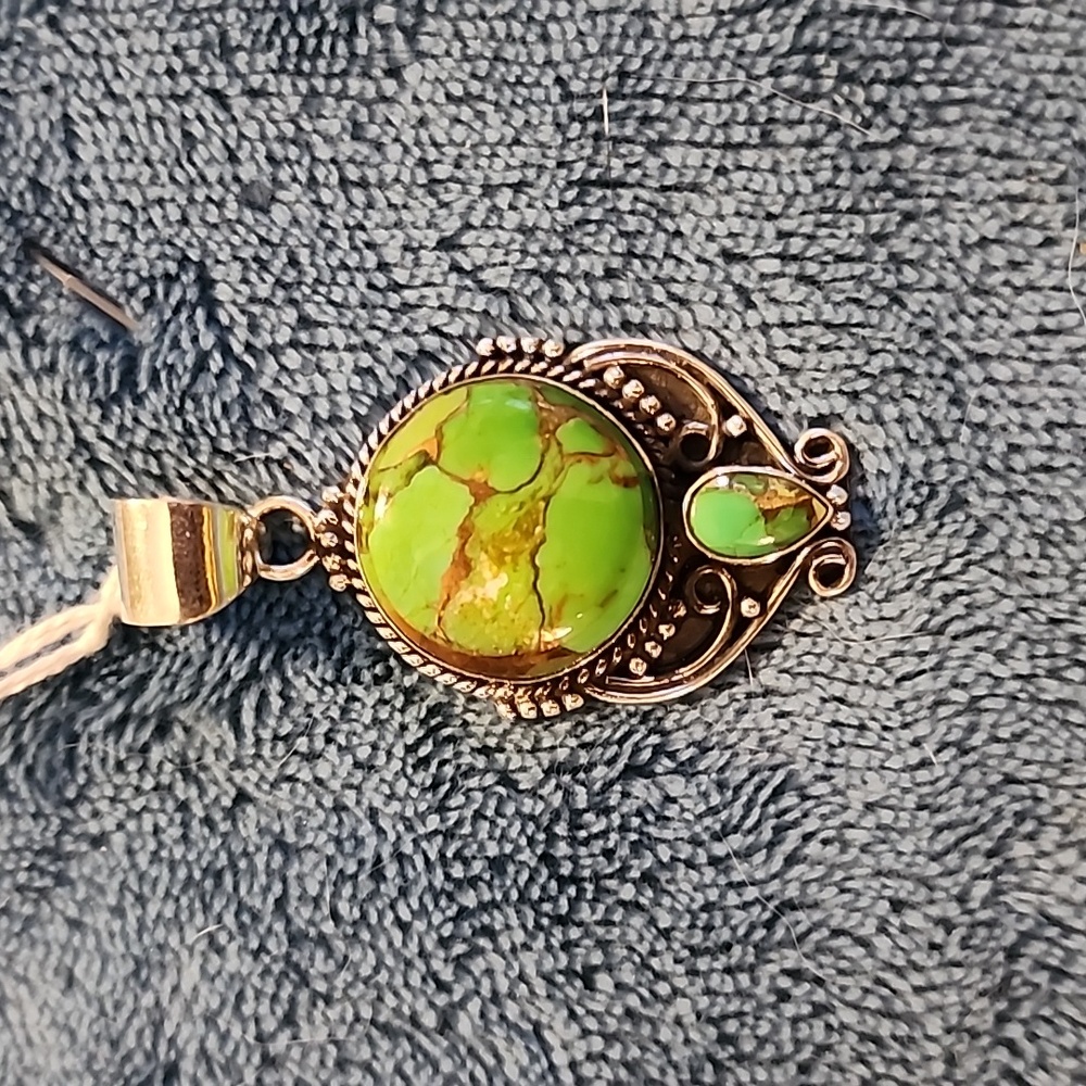 Sterling silver and green copper turquoise pendant
